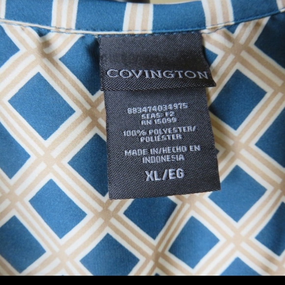 Covington top blouse sleeveless geometric blue tan printed - Picture 5 of 7